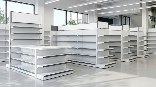Modern empty white retail store shelves in a bright spacious supermarket interior, minimalist gondola display racks for grocery or department shop, 3D rendering of commercial store fixtures.