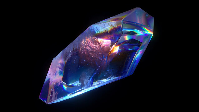 Beautiful iridescent gemstone crystal with rainbow reflections against black background illustration