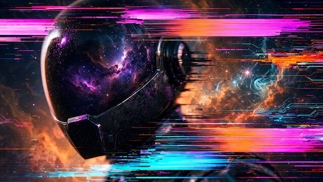 Person wearing futuristic virtual reality headset with glowing digital interface and cosmic background illustration