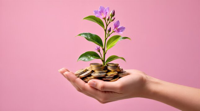 Hand Holding Plant Growing from Coins Stack for Financial Growth and Investment Concept