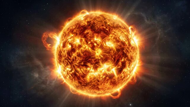 Glowing solar loops rise above a fiery sun against a starry background