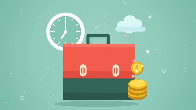 Business Animation Illustrating Time is Money Concept with Briefcase Clock and Stacking Gold Coins