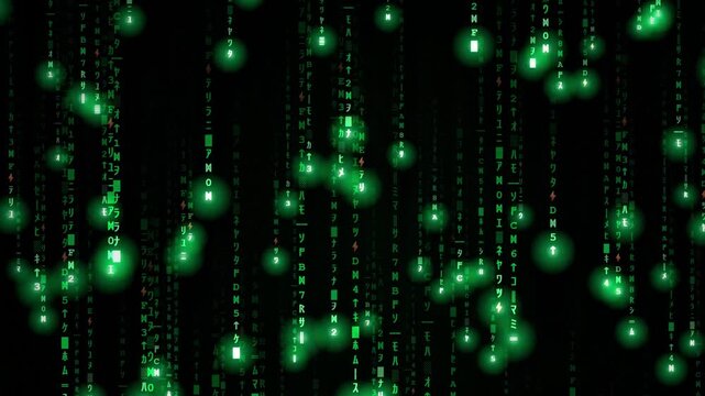 Digital matrix rain background: glowing green binary code falling data stream for cyber security and technology concepts