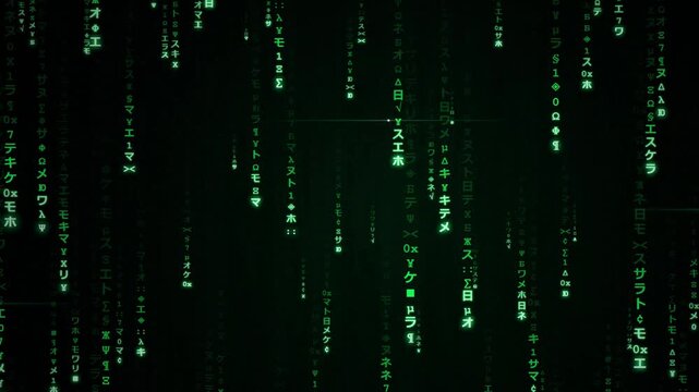 Digital matrix rain background: glowing green japanese katakana symbols falling in cyberspace for tech and sci-fi motion