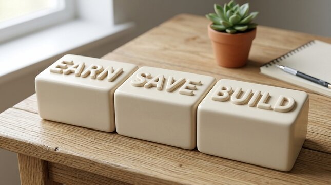 Cream colored blocks with embossed words Earn Save Build on a wooden table with a small succulent plant