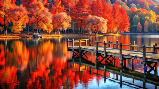 Red autumn and fishing pier