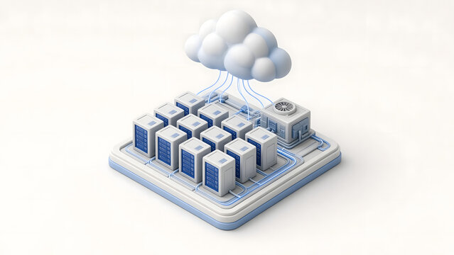 Isometric 3D cloud data center miniature on white background