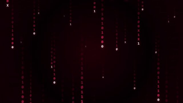 Red digital binary code rain background, falling data stream animation, cyber security and programming concept