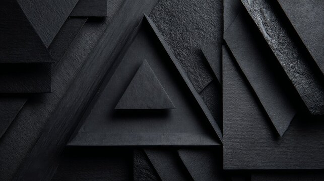 Abstract black paper background with layered geometric shapes, minimalist monochrome composition, textured cutout patterns, modern luxury design for elegant branding, creative posters, business presen