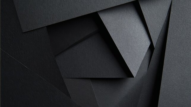 Abstract black paper background with layered geometric shapes, minimalist modern composition, textured cutout patterns, elegant monochrome design for luxury branding, creative posters, business presen