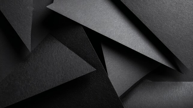 Abstract black paper background with layered geometric shapes, minimalist modern composition, textured cutout patterns, elegant monochrome design for luxury branding, creative posters, business presen