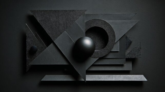 Abstract black paper background with layered geometric shapes, minimalist modern composition, textured cutout patterns, elegant monochrome design for luxury branding, creative posters, business presen