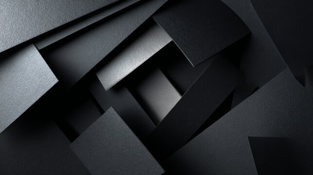 Abstract black paper background with layered geometric shapes, minimalist modern composition, textured cutout patterns, elegant monochrome design for luxury branding, creative posters, business presen