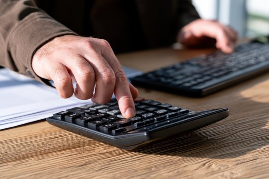 Person's hand using a calculator and keyboard