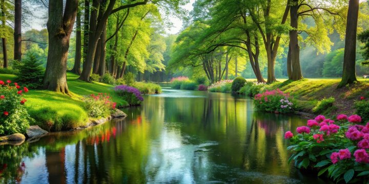 Tranquil retreat nestled beside gentle water flow in lush green surroundings with tall trees and vibrant flowers, peaceful