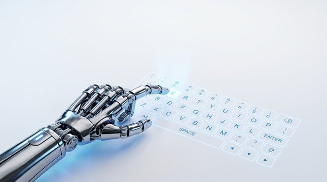 Robotic metallic hand interacting with a glowing virtual holographic keyboard projection, representing artificial intelligence automation, cyborg technology and the future of