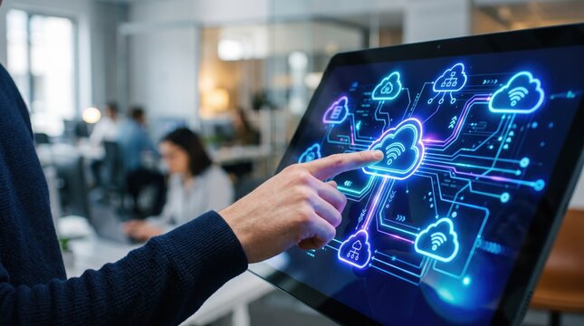 Business professional interacting with futuristic cloud computing network diagram on transparent touch screen tablet, visualizing big data connectivity and information technology
