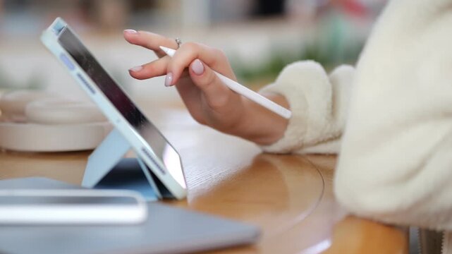 Person uses stylus on tablet. Hand draws or writes on screen. Wood table with devices. Warm, cozy indoor setting. Focus on interaction with digital tools.