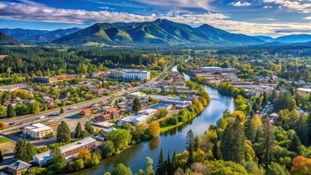 Panoramic view of Grants Pass Oregon cityscape with the Siskiyou Mountains in the background, river valley, outdoor scenery