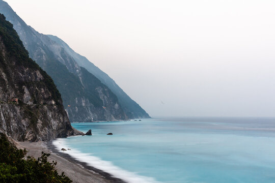 Qingshui Cliff rises steeply above the turquoise Pacific Ocean along Taiwan's scenic East Coast.