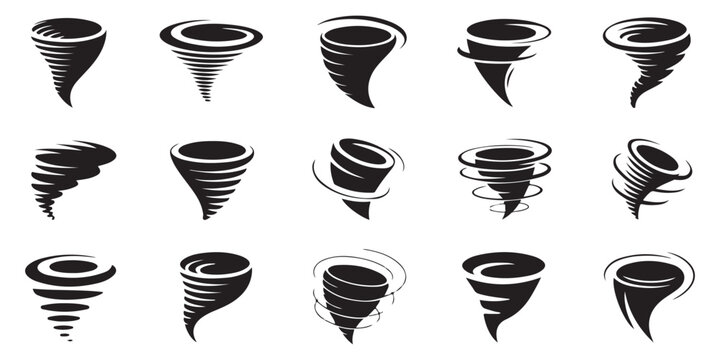 Collection of fifteen diverse black tornado icons depicting swirling storm vortices and cyclonic wind patterns for meteorological illustrations.