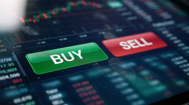 Trading Platform Interface: A close-up view of a trading platform screen displaying stock market data and two prominent buttons, 'BUY' and 'SELL', indicating investment decisions.