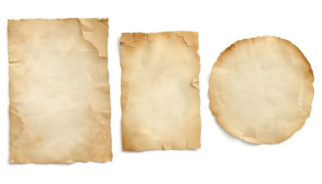 Set of Blank Vintage Parchment Paper Sheets Isolated on White Background