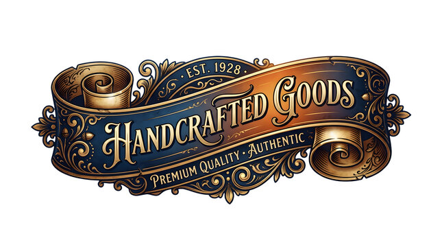 An ornate vintage style emblem featuring a central banner with the text handcrafted goods, est 9, and premium quality authentic, rendered in deep navy blue and warm gold with intricate filigrees