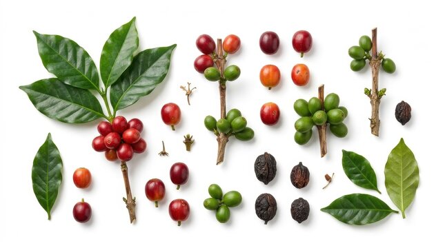 Top view collection of fresh coffee cherries with green leaves and stems isolated on a white background studio shot