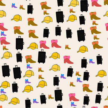 Seamless pattern of travel items and footwear