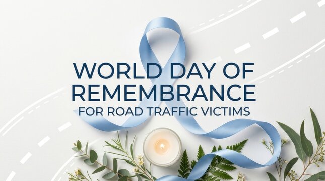 World day of remembrance for road traffic victims concept with a blue awareness ribbon and olive branch on background