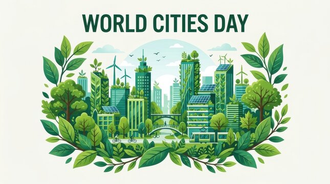 World cities day illustration featuring a sustainable green urban landscape surrounded by lush foliage and eco friendly building architecture