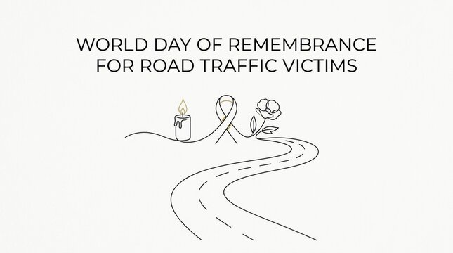 Minimalist black and white line art illustration commemorating the world day of remembrance for road traffic victims with text
