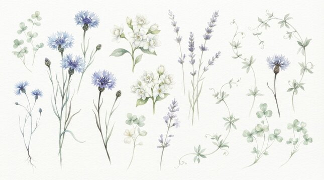 Watercolor botanical collection of wildflowers isolated on white background