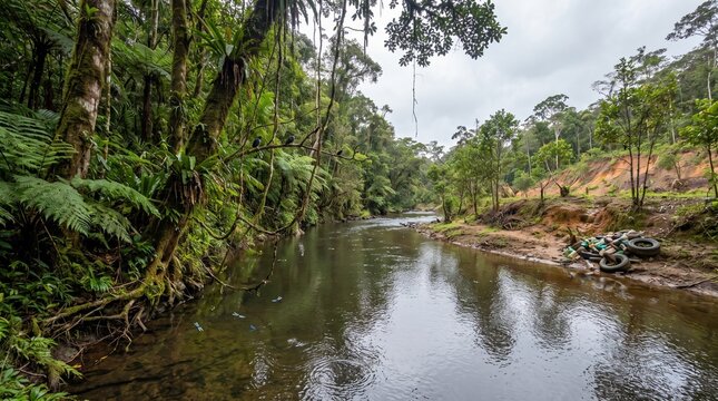 Tropical jungle river contrasting with deforested bank and tire pollution.