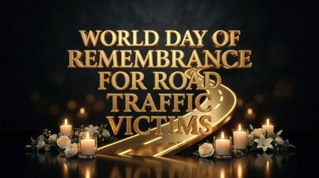 World day of remembrance for road traffic victims concept with glowing candles and a winding road on dark background