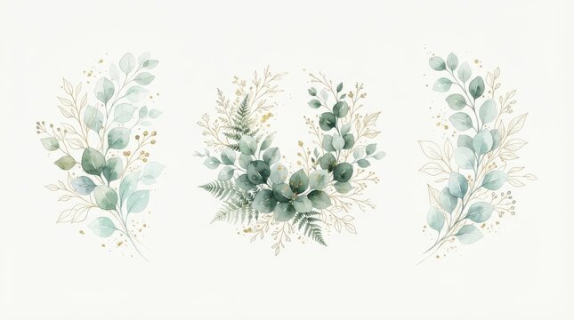 Watercolor eucalyptus and fern wreath set isolated on white background