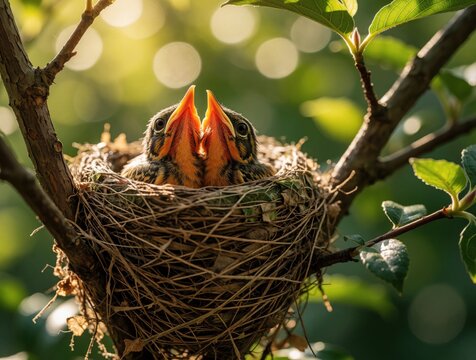 Small young birds sit in nest on tree branch. Baby chicks open bright orange beaks waiting for food from parent. Wildlife scene shows hungry fledglings in garden during spring season. Nature macro