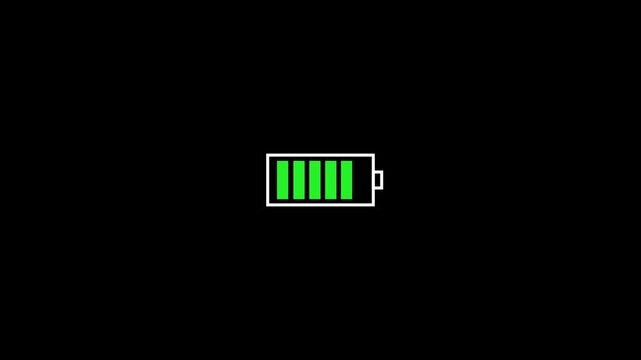 Fully charged battery icon displaying full green energy level indicator bars inside a white frame on a solid dark black background