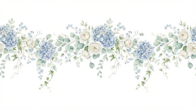 Watercolor floral border with blue hydrangeas and white roses
