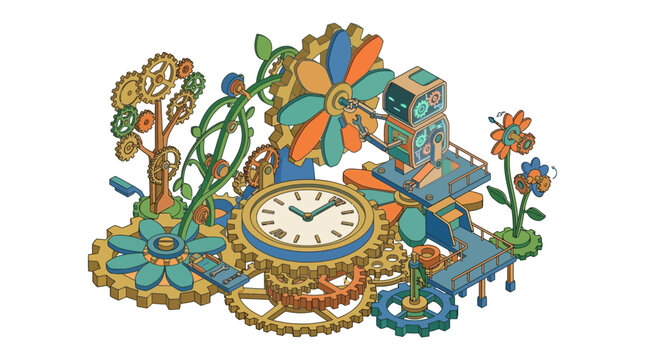 Isometric Steampunk Clock with Colorful Gears, Flowers, Plants and Small Robot Blending Time, Nature and Technology