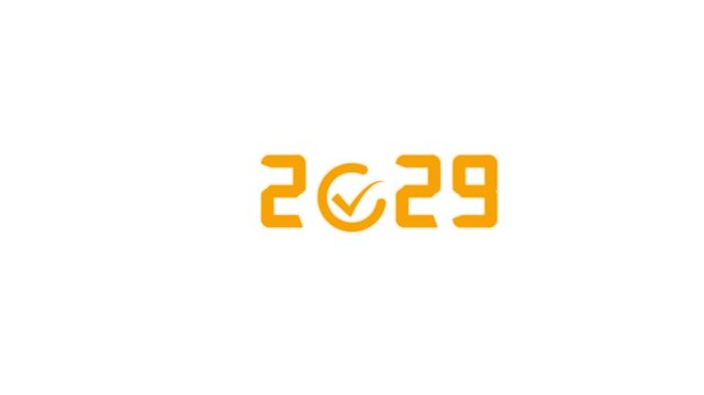 Glowing digital year twenty thousand twenty nine with checkmark in center on a white background view