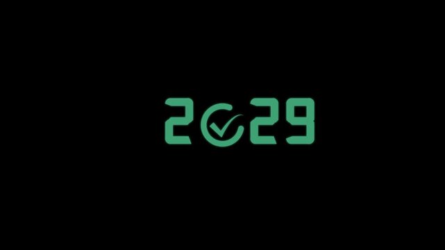 Glowing digital year twenty thousand twenty nine with checkmark in center on a black background view