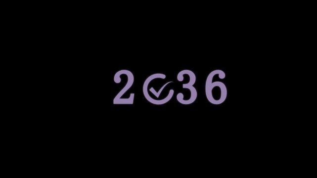 Glowing cyan display showing the year two thousand thirty six with a checkmark in the middle