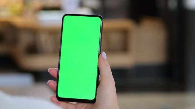 Hand holds smartphone with green screen. Blurred indoor background visible. Three keyframes show same scene. No animals or plants present