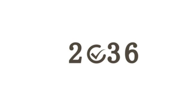 Glowing cyan display showing the year two thousand thirty six with a checkmark in the middle