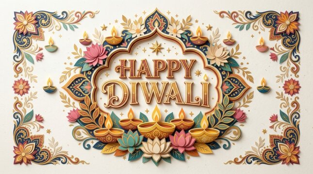 Beautiful happy diwali greeting card design featuring traditional oil lamps and ornate floral decorations on a soft white background