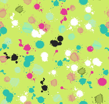 Vibrant paint splatter background. Colorful ink drops on green. Artistic creative texture.