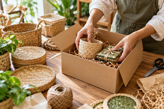 Packing Handmade Woven Crafts in a Kraft Shipping Box