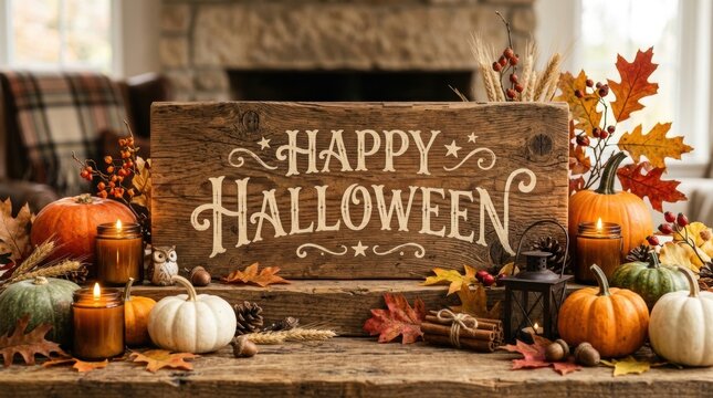 Rustic wooden sign with happy halloween text surrounded by autumn pumpkins and fall leaves on a cozy fireplace mantle